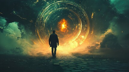 Canvas Print - A solitary figure walks toward a cosmic portal, embarking on a journey into the unknown.