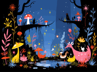 illustration enchanting forest at night with glowing plants and creatures