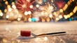 © nuiiko - Sport victory championship concept. A vibrant hockey puck and stick on snow, illuminated by festive fireworks and glowing lights in the background, capturing a lively celebration.