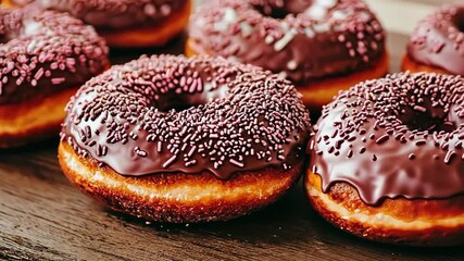 Canvas Print - Delicious chocolate donuts topped with vibrant sprinkles, arranged perfectly on a rustic wooden board for a sweet treat by Generative Ai