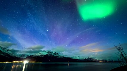 Wall Mural - Northern Lights Above Fjord In Skibotn, Norway - Timelapse