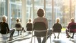 © zen - A group of seniors performing chair exercises in a light-filled fitness center with an encouraging instructor