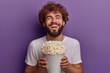 Wall Mural - Portrait of handsome person hands hold popcorn bucket look empty space beaming smile isolated on purple color background 