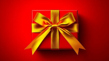 A red gift box with a gold ribbon tied around it