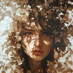 Canvas Print - Mysterious Woman Hidden Among Leaves: A Captivating Portrait