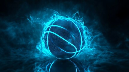 Wall Mural - Basketball with blue neon lights around a black background dark wallpaper, light color neon lights around shadowed ball