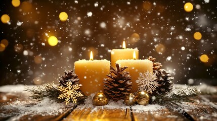 Winter holiday background, cozy red knitted socks with Christmas ornaments on wooden floor, soft lighting 