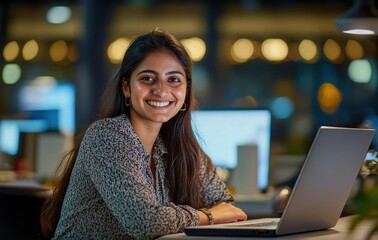 Wall Mural - Young smiling woman in a modern office setting, working on a laptop with warm ambient lighting, exuding confidence and professionalism in a creative workspace