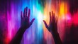 © heinng - Hands reach for vibrant flowing digital artwork. Fantasy-inspired illustration.. AI Generated