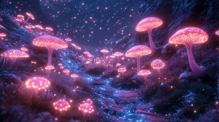 Wall Mural - Glowing pink mushrooms illuminate magical, dark landscape.