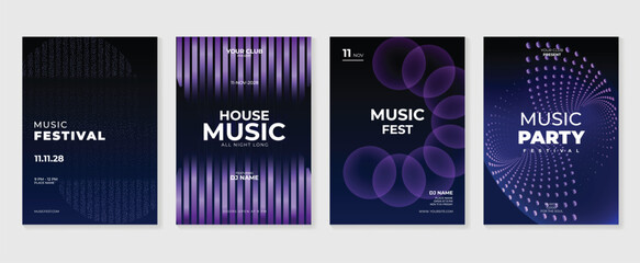 Music poster design background vector set. Electro Sound Cover template with vibrant abstract gradient geometric shape and line wave. Ideal design for social media, flyer, party, music festival, club.