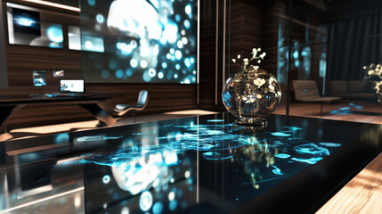 Wall Mural - Futuristic workspace with holographic interfaces evokes sense of wonder and innovation