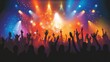 © MindVerse - Crowd of people cheering in a crowded concert, colorful dancing headlights decoration in a concert, happy night singing and music