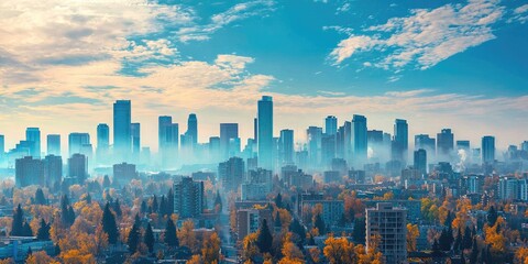 Wall Mural - A city skyline showing the contrast between clean and polluted air quality.