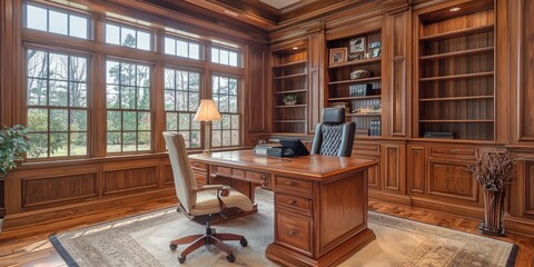 A clean, organized office with a polished wooden desk and comfortable chair.