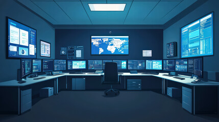 Wall Mural - Intense focus in high tech cybersecurity operation center. digital world unfolds across multiple monitors, displaying complex data streams and global networks