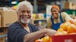 © Worapong - Cheerful Senior Man with Fruits in a Busy Market Interior Setting