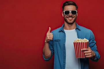 Wall Mural - Young smiling man he wears blue shirt white t-shirt casual clothes 3d glasses watch movie film hold bucket of popcorn in cinema point index finger camera on you isolated on plain red orange background