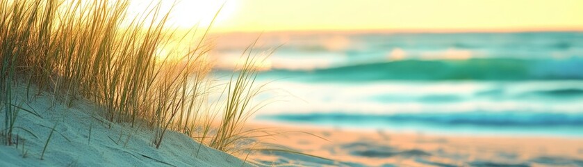 Wall Mural - Serene sunset beachscape, golden hour on a grassy dune coast 