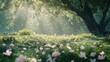 © Piyawat - A dreamy spring meadow with wildflowers scattered across the soft green grass, petals fluttering in the breeze, and sunlight filtering through the trees