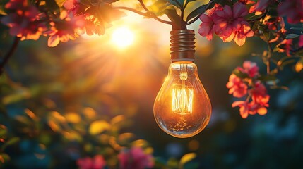 Wall Mural - Illuminated lightbulb hanging from a blossoming tree branch at sunset.