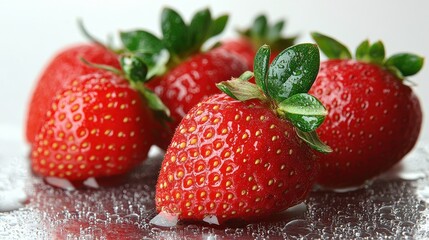 Wall Mural - Fresh, glistening strawberries arranged on a surface, showcasing their vibrant color and texture.