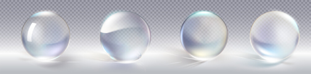 Wall Mural - glass ball 3d collection on transparent background with light reflection and rainbow refraction effe