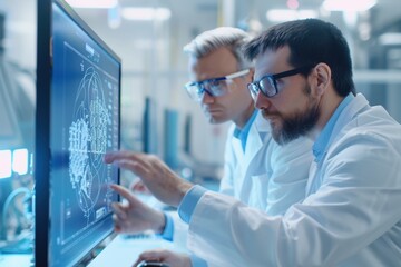 Two scientists wearing lab coats analyze data on a computer screen in a high-tech laboratory environment.