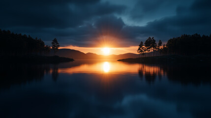 Wall Mural - sunset reflecting on calm lake surrounded by mountains and trees during twilight