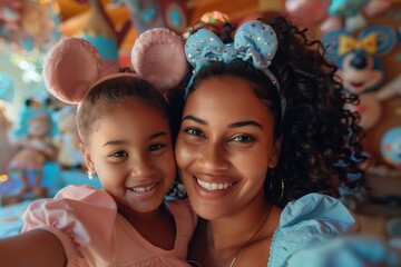 Joyful mother and daughter smiling together at a festive celebration.