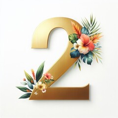 Golden number 2 with a vibrant watercolor bouquet of tropical leaves and flowers against a white isolated background