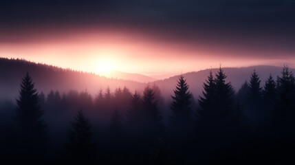 Wall Mural - beautiful sunset over a misty forest landscape showcasing vibrant colors and tranquil atmosphere
