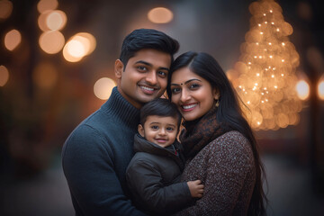 Wall Mural - Portrait of a happy Indian ethnic young couple and their little son in a festivity background