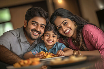 Wall Mural - Happy young Indian parents and  their little son having snacks together at their home 