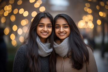 Wall Mural - Portrait of happy Indian ethnic young people holding together in a festive  background