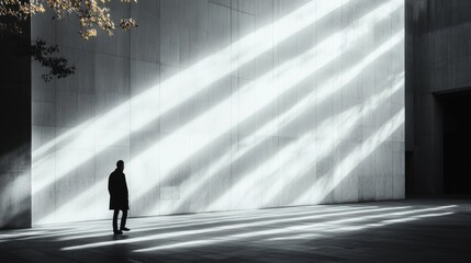 Wall Mural - Sunlit modern building; lone figure stands.