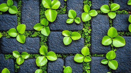 Wall Mural - Lush green plants sprouting between dark grey paving stones.