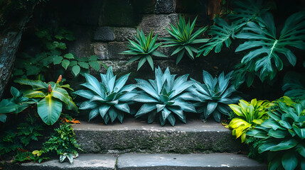 Wall Mural - Lush tropical plants growing on stone steps and wall.