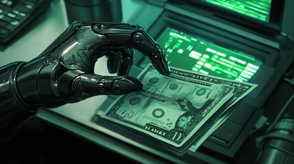 Robotic hand holding cash near laptop screen with green code.