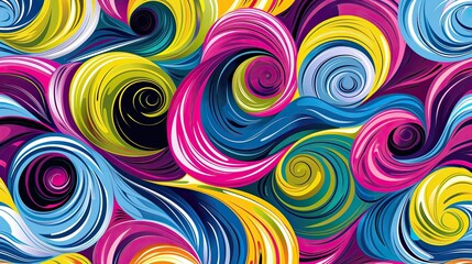 A vibrant abstract swirl pattern in bold colors creating a dynamic visual flow.