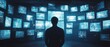 © Itsaree  - Human silhouette overwhelmed by multiple glowing screens, symbolizing news influence, chaotic digital media flow, modern tech overload, dark futuristic room with flashing headlines