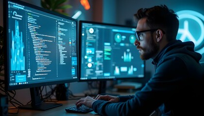 A software developer coding in a futuristic workspace, using three monitors with holographic interfaces displaying lines of code and 3D models of applications.