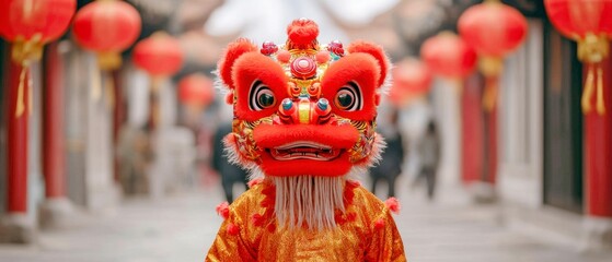 Chinese New Year  symbolic gifts concept. A vibrant lion dance performer stands in a festive street adorned with red lanterns, celebrating cultural heritage and tradition.