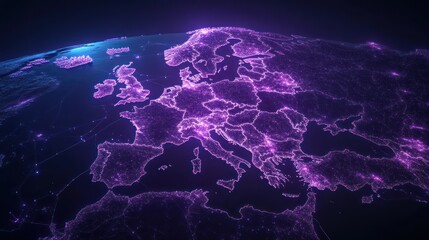 glowing purple europe map on dark globe.