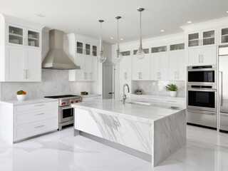 sleek modern kitchen with white cabinets, marble countertops, and stainless steel appliances