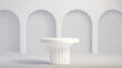 © klyaksun - Marble column with fluted shaft stands against arch curved gallery niches in wall. Realistic 3d classical pedestal with round top platform. Minimalist space design for luxury display presentation.