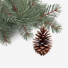 Wall Mural - art Christmas tree branch and pine cone and Christmas decoration. Holidays design element isolated on white background. True neutral soft sheer shadow 