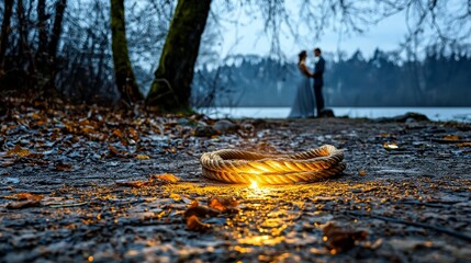 Poster - Romantic encounter by a mystical glowing rope lakeside photography serene environment intimate viewpoint connection concept