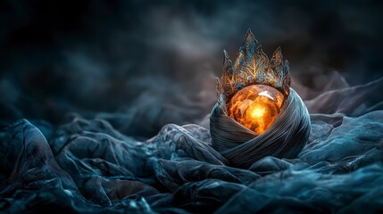 Poster - Mystical silk cocoon embracing a glowing orb enchanted realm digital art dark fantasy close-up protection concept