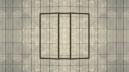 Fototapete - Digital loop animation with a symmetrical composition of dark geometric shapes on a light gray scratched surface. Rectangles are smoothly transformed, creating the optical illusion. 3d rendering 4K